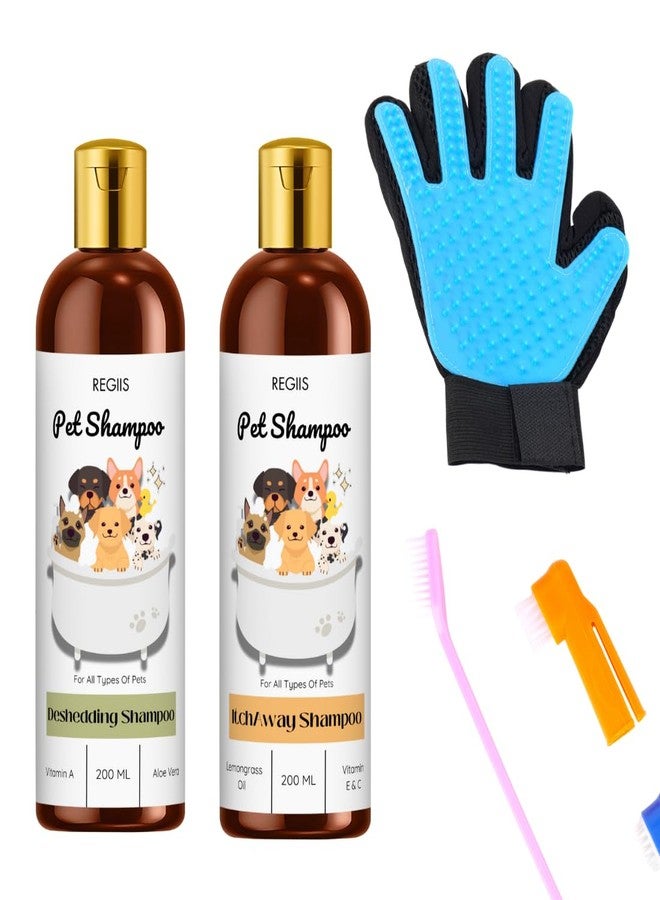 مجموعة ريجيس للعناية بالحيوانات الأليفة مع شامبو لإزالة الشعر الزائد والحكة، 200 مل، قفاز استحمام للحيوانات الأليفة، فرشاة، مشط للكلاب والقطط (عبوة من 4 قطع) - Image 1